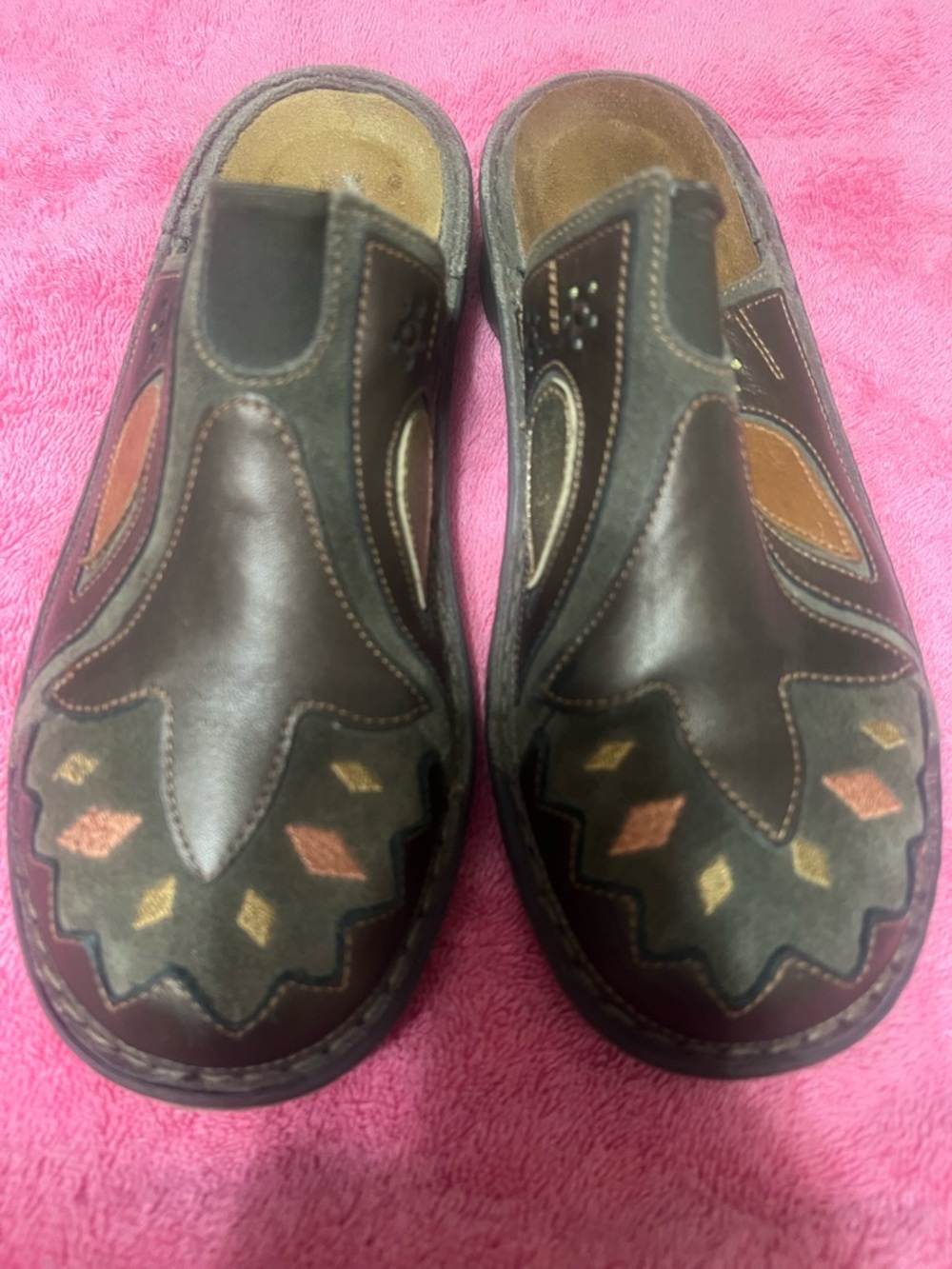 Naot Brown Leather Clog Mules with Multicolor Accents